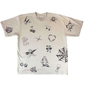 Teddy Fresh Mens All Over Tattoo Flash Print T-Shirt Cream Large Streetwear